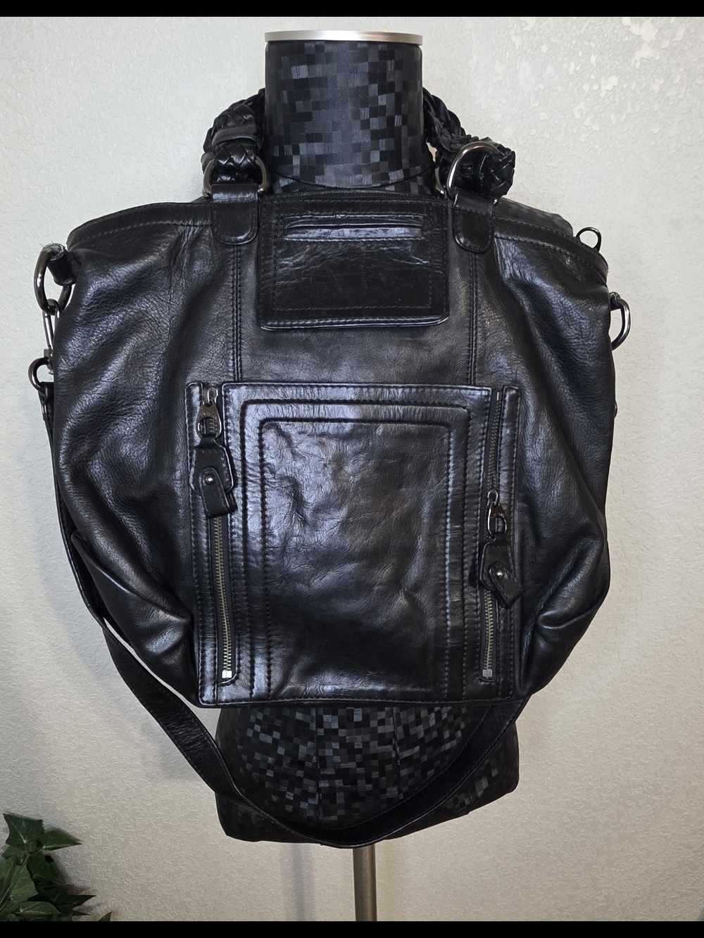 The Sak Black Leather Shoulder Bag with Braided Handles